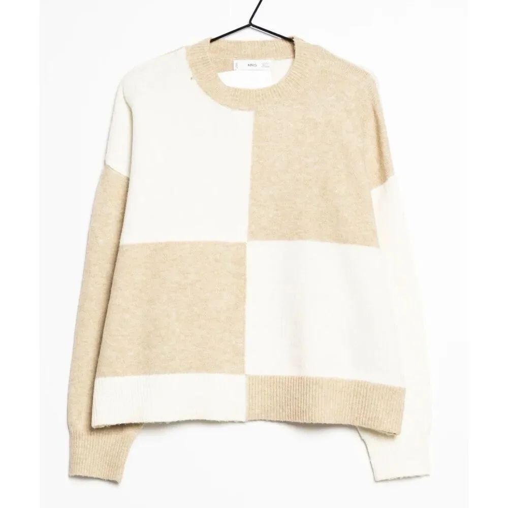 MNG Mango beige white checkered cropped sweater xs